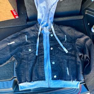 Zip up grey hoodie with jean jacket on outside